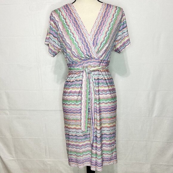 BCBG MaxAzria Multicolor Belted Tie-Back Dress V-Neck Surplice Stretch Sz S - Picture 1 of 8